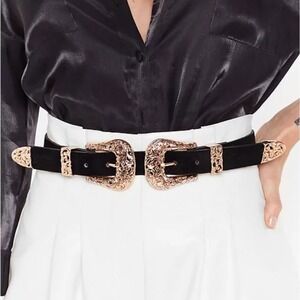Western Black Gold Double Buckle Faux leather waist Belt Black Statement Cowgirl